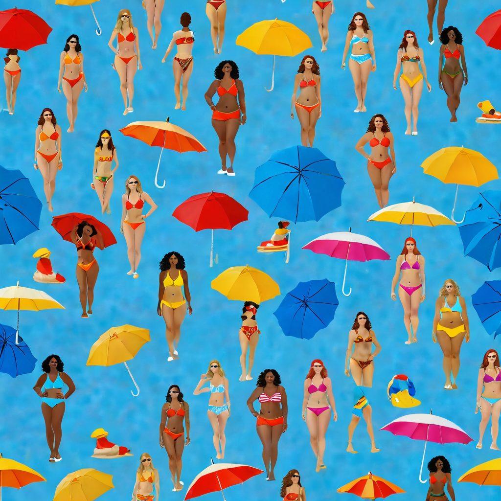 A vibrant beach scene showcasing a variety of beachwear including stylish board shorts and elegant bikinis on diverse models of different body types. Bright sun, clear blue skies, and gentle waves in the background, with colorful beach umbrellas and sandcastles to evoke a fun beach atmosphere. The image should capture the essence of beach fashion celebration and body positivity. super-realistic. vibrant colors. sunny beach backdrop.