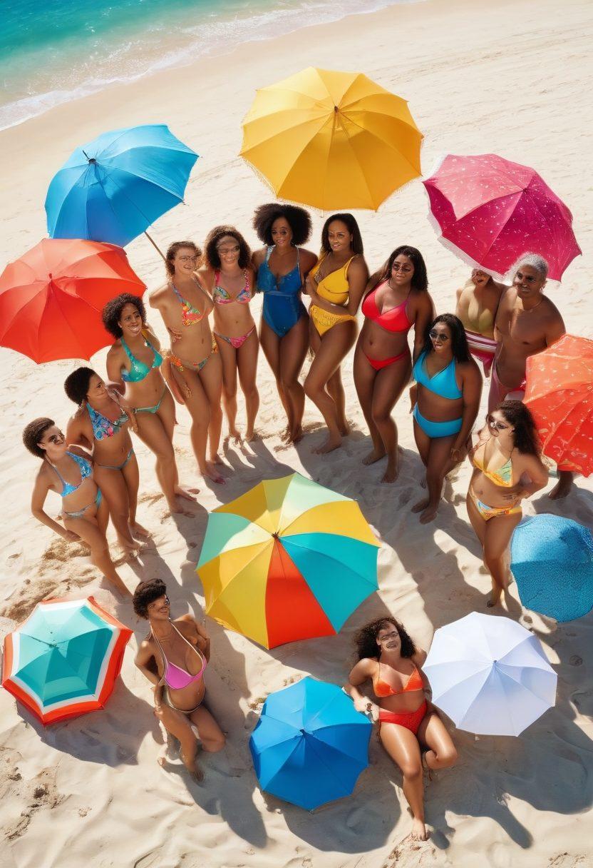 A diverse group of confident individuals of all body types joyfully embracing their unique swimwear on a sunlit beach, showcasing an array of colorful swimsuits that celebrate individuality. Include vibrant beach umbrellas and a clear blue ocean in the background, while people laugh and play in the sand. Bright, cheerful atmosphere. super-realistic. vibrant colors. sunny day.