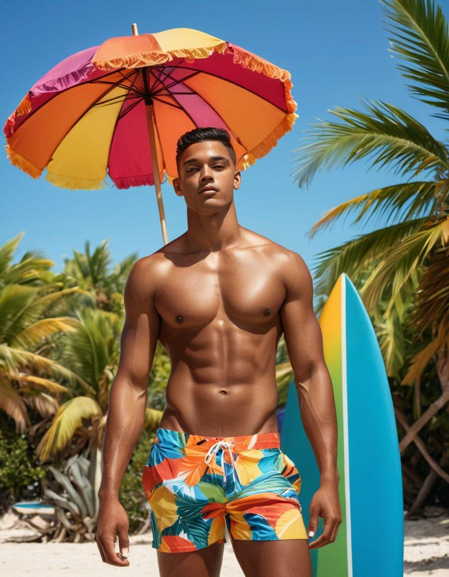 A stylish beach scene showcasing diverse male models of the LGBTQ+ community wearing vibrant, trendy swimwear on a sunny day. Include a colorful beach umbrella, a surfboard, and tropical plants in the background. Emphasize confidence and individuality with a backdrop of bright blue skies and clear waters. The atmosphere should be fun and inclusive, celebrating personal style. super-realistic. vibrant colors. beach setting.